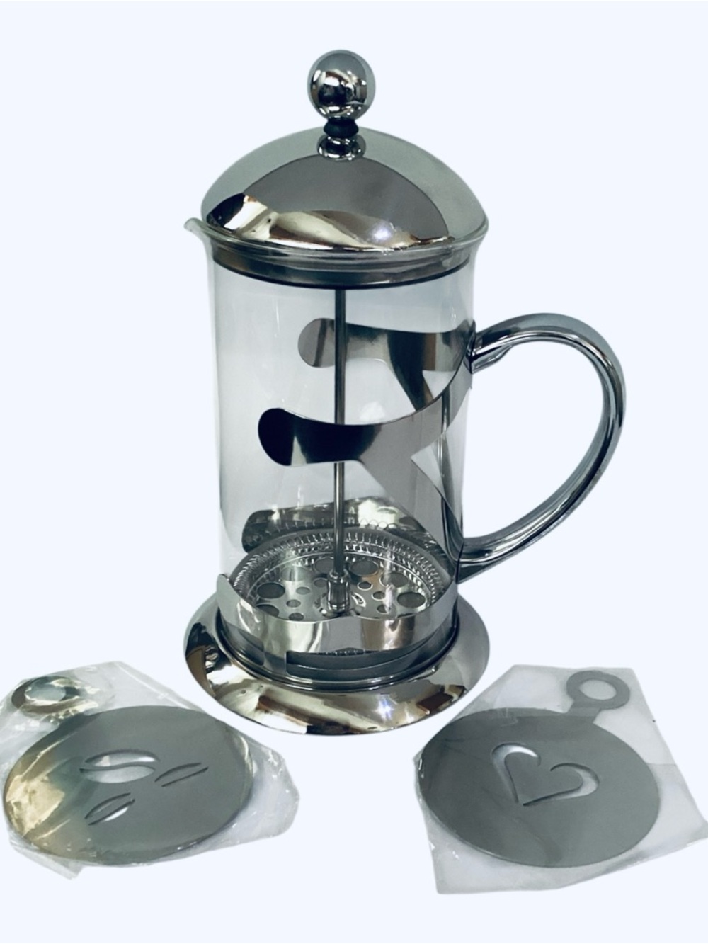 French Press Coffee Maker 34oz w/ Stencils Borosilicate Glass Stainless NEW